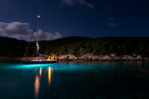 Our expedition sailing boat, safely moored close to our working zone © Octopus Foundation