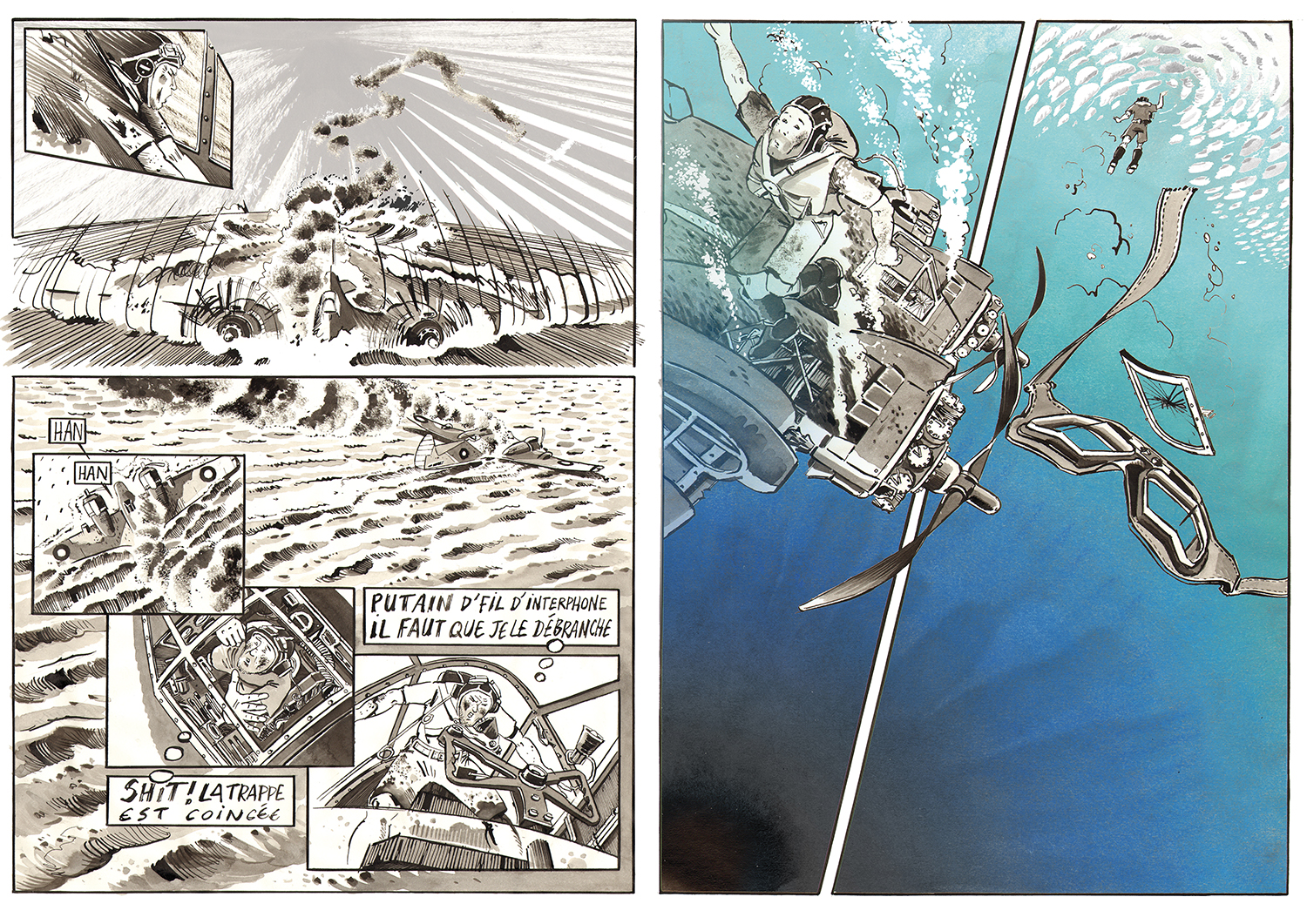 A double page of comics made during our mission in the Beaufighter © Antoine Bugeon / Octopus Foundation