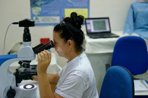 Daniela Freggi looking at a blood sample with the brand new microscope © Philippe Henry / Octopus Foundation