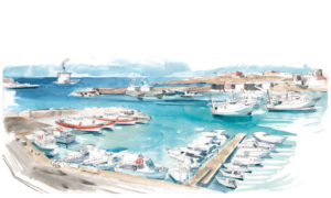 Le port de Lampedusa, mêlant ferry, bateaux militaires, bateaux de pêche et de plaisance © Antoine Bugeon / Fondation Octopus
