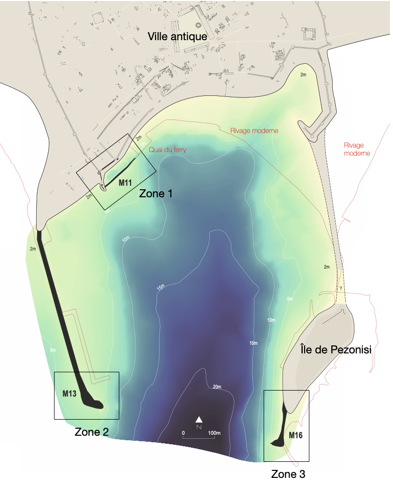 Plan Sud de la ville antique d'Erétrie, en incluant les structures relevées en 2024 et 2025 dans l'eau © ESAG, Fondation Octopus et Ephorie subaquatique